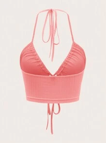 SHEIN ICON Cut Out Drawstring Tie Backless Halter Top - Watermelon Pink - View 2