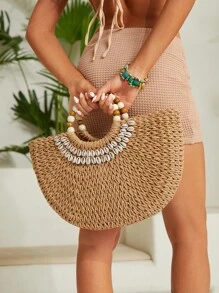 SHEIN VCAY Túi Xách tay Nữ màu trơn Đôi tay cầm Kỳ nghỉ - màu nâu - Xem 3