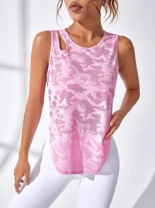 Studio SHEIN Sport Camo Print Cut Out Curved Hem Sports Tank Top