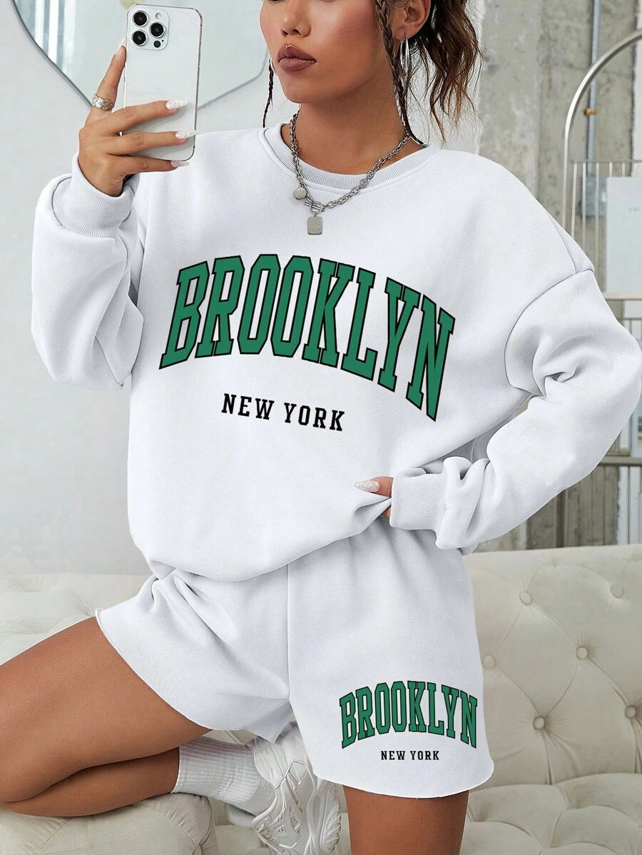 INAWLY 字母圖案落肩袖運動衫和短褲 - 白色 - 查看 1