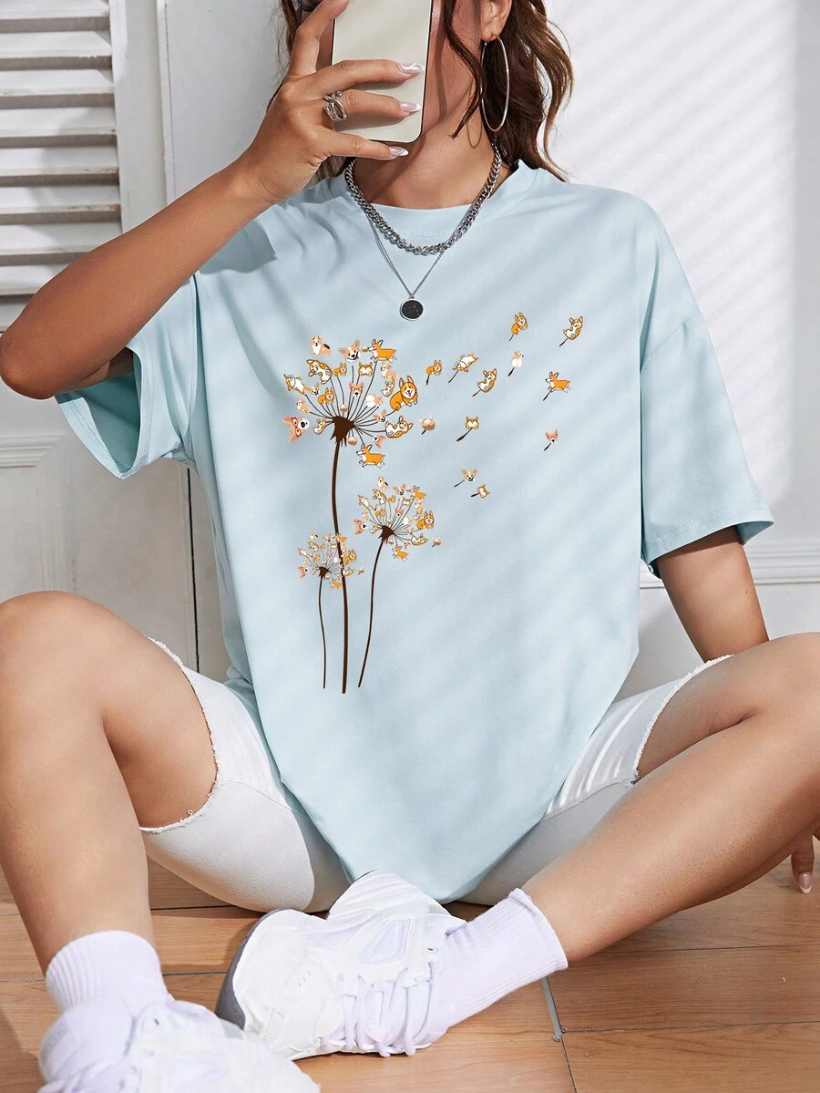 SHEIN EZwear Cartoon Dog Print Drop Shoulder Tee - Baby Blue - View 1