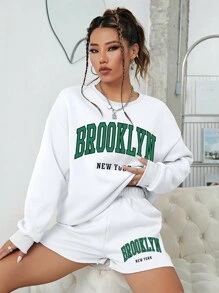 INAWLY 字母圖案落肩袖運動衫和短褲 - 白色 - 查看 4