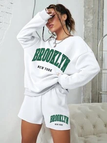 INAWLY 字母圖案落肩袖運動衫和短褲 - 白色 - 查看 6