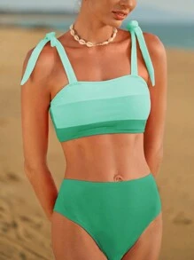 Swim Vcay Letni zestaw bikini z wiązaniem na ramionach i wysokim stanem, bikini na wakacje - Zielony - Zobacz 5