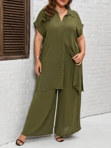 SHEIN LUNE Plus Batwing Sleeve Split Hem Shirt & Wide Leg Trousers - Army Green - View 3