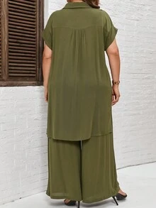SHEIN LUNE Plus Batwing Sleeve Split Hem Shirt & Wide Leg Trousers - Army Green - View 2