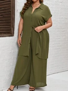 SHEIN LUNE Plus Batwing Sleeve Split Hem Shirt & Wide Leg Trousers - Army Green - View 1