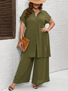 SHEIN LUNE Plus Batwing Sleeve Split Hem Shirt & Wide Leg Trousers - Army Green - View 6
