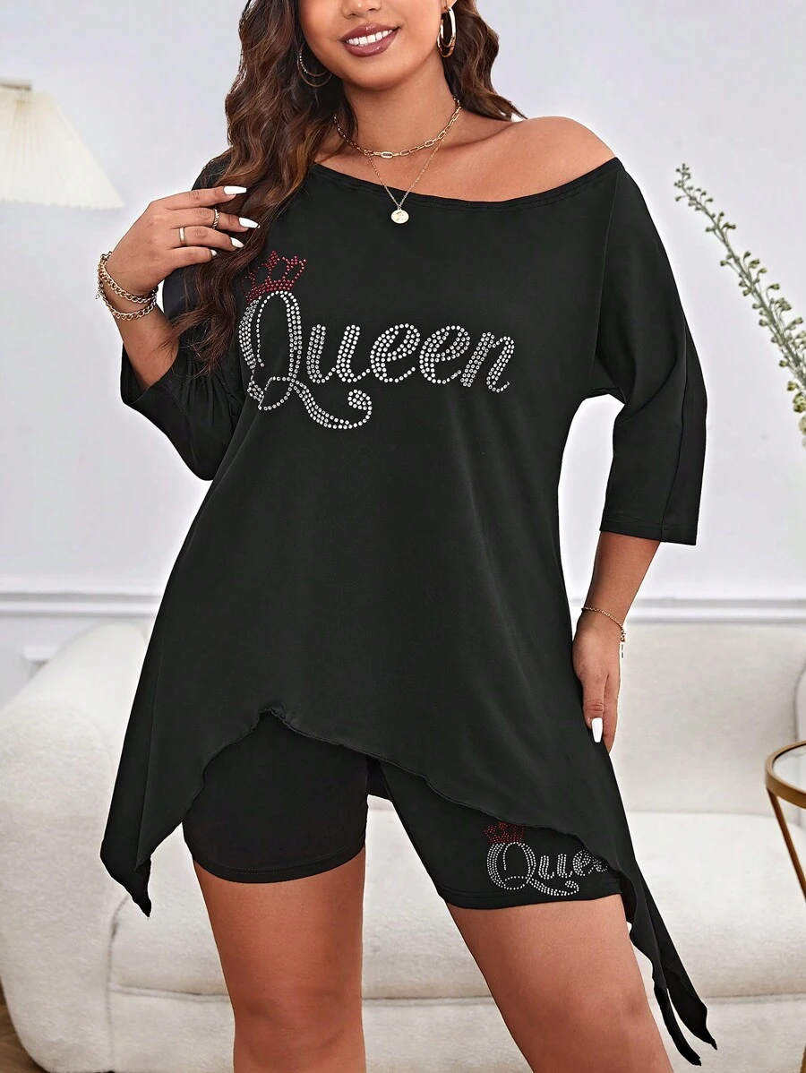 SHEIN LUNE Bộ thời trang Plus Size Bất đối xứng Pha lê kim cương Lá thư Giải trí - màu đen - Xem 1