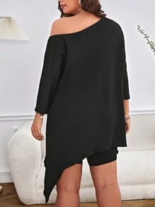 SHEIN LUNE Bộ thời trang Plus Size Bất đối xứng Pha lê kim cương Lá thư Giải trí - màu đen - Xem 2