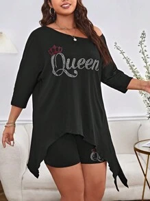 SHEIN LUNE Bộ thời trang Plus Size Bất đối xứng Pha lê kim cương Lá thư Giải trí - màu đen - Xem 6
