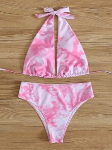 紮染掛脖比基尼泳裝 - 粉色 - 查看 4