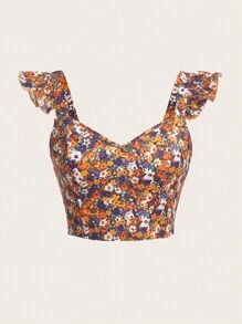 Soleia 碎花蝴蝶袖後背繫帶短款上衣 - 彩色 - 查看 1