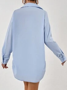 SHEIN Essnce 素色口袋貼布落肩袖襯衫 - 淺藍色 - 查看 2