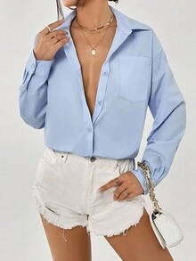 SHEIN Essnce 素色口袋貼布落肩袖襯衫 - 淺藍色 - 查看 5