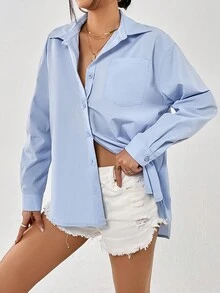 SHEIN Essnce 素色口袋貼布落肩袖襯衫 - 淺藍色 - 查看 6