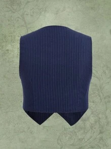 ROMWE Fairycore 大碼條紋圖案前紐扣夾克背心 - 藏蓝色 - 查看 2