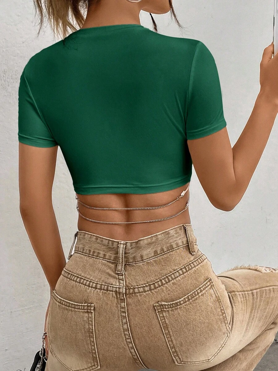 SHEIN EZwear 素色鏈條後短款T恤 - 綠色 - 查看 1