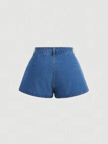 SHEIN ICON 大碼毛邊百褶牛仔裙褲 - 中等水洗藍 - 查看 2