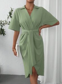SHEIN Privé Solid Batwing Sleeve Wrap Knot Front Dress - Mint Green - View 2