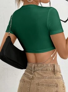 SHEIN EZwear 素色鏈條後短款T恤 - 綠色 - 查看 5