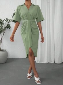 SHEIN Privé Solid Batwing Sleeve Wrap Knot Front Dress - Mint Green - View 5