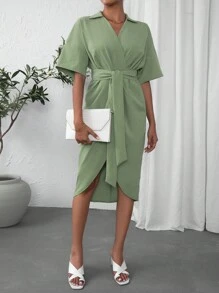 SHEIN Privé Solid Batwing Sleeve Wrap Knot Front Dress - Mint Green - View 6