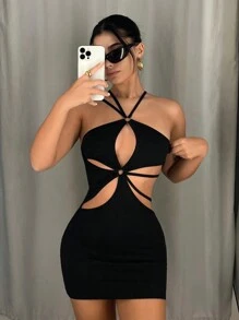 SHEIN ICON Figurbetontes Kleid mit Ausschnitt, Kreuzgurt auf Rücken, - Schwarz - Übersicht 3