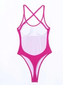 Swim SXY Phụ nữ một mảnh Lộ Lưng Hội Chữ thập màu trơn - Màu Hồng Tươi - Xem 4