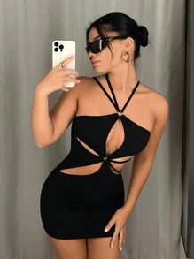 SHEIN ICON Figurbetontes Kleid mit Ausschnitt, Kreuzgurt auf Rücken, - Schwarz - Übersicht 4