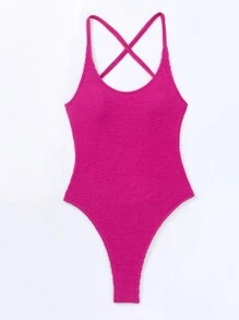 Swim SXY Phụ nữ một mảnh Lộ Lưng Hội Chữ thập màu trơn - Màu Hồng Tươi - Xem 5