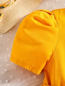 SHEIN 年輕女孩漸層泡泡袖褶邊連衣裙 - 黃色 - 查看 3