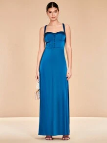 SHEIN Belle 前紐扣緞面吊帶連衣裙 - 藍色 - 查看 3