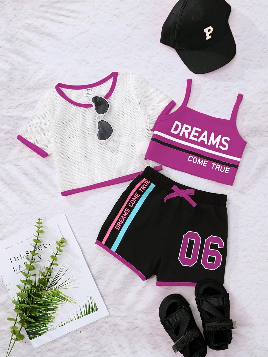 SHEIN 小女童字母圖案吊帶上衣和網紗T恤和短褲套裝 - 玫紅色 - 查看 1