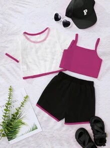 SHEIN 小女童字母圖案吊帶上衣和網紗T恤和短褲套裝 - 玫紅色 - 查看 2