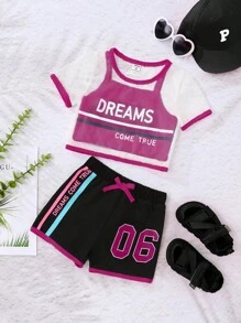 SHEIN 小女童字母圖案吊帶上衣和網紗T恤和短褲套裝 - 玫紅色 - 查看 3