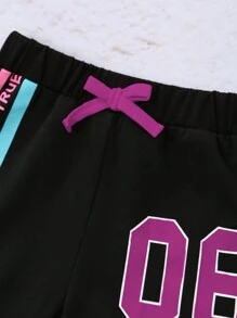 SHEIN 小女童字母圖案吊帶上衣和網紗T恤和短褲套裝 - 玫紅色 - 查看 6