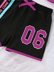 SHEIN 小女童字母圖案吊帶上衣和網紗T恤和短褲套裝 - 玫紅色 - 查看 7