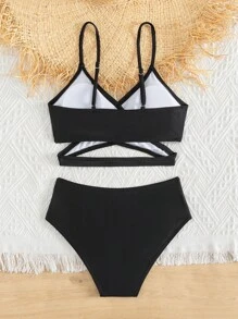 青少年女孩交叉比基尼套装夏日海滩 - 黑色 - 查看 2