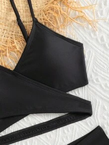 青少年女孩交叉比基尼套装夏日海滩 - 黑色 - 查看 3