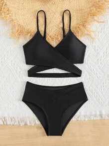 青少年女孩交叉比基尼套装夏日海滩 - 黑色 - 查看 1