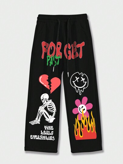 Street Life Guys Skull & Letter Graphic Drawstring Waist Sweatpants