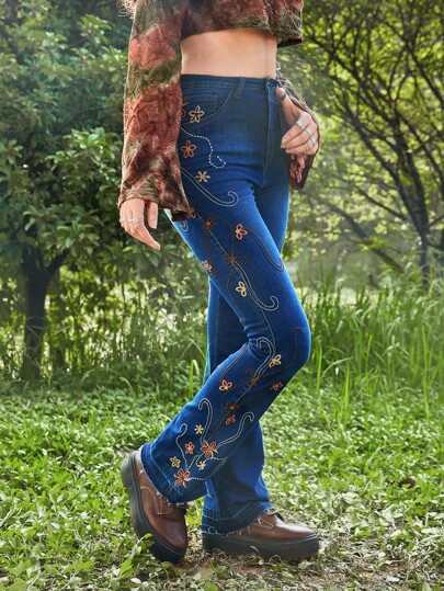 Hippie Jean Évasé Brodé Fleur