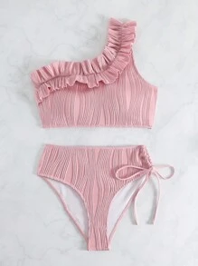 SHEIN 荷葉邊單肩比基尼泳裝 - 粉色 - 查看 3