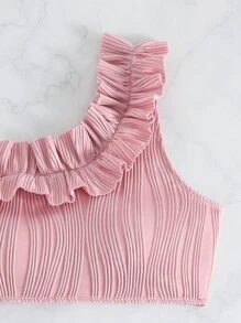 SHEIN 荷葉邊單肩比基尼泳裝 - 粉色 - 查看 4