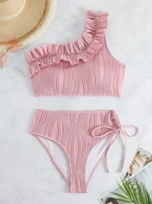 SHEIN 荷葉邊單肩比基尼泳裝 - 粉色 - 查看 6