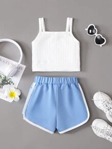 女小童字母圖案吊帶上衣和撞色滾邊短褲 - 藍白色 - 查看 2