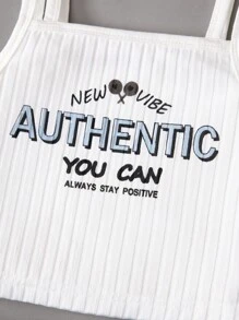 女小童字母圖案吊帶上衣和撞色滾邊短褲 - 藍白色 - 查看 4