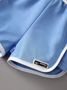 女小童字母圖案吊帶上衣和撞色滾邊短褲 - 藍白色 - 查看 6