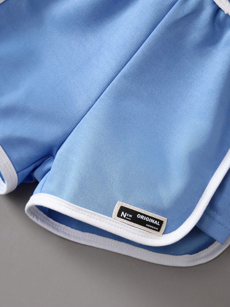 女小童字母圖案吊帶上衣和撞色滾邊短褲 - 藍白色 - 查看 6